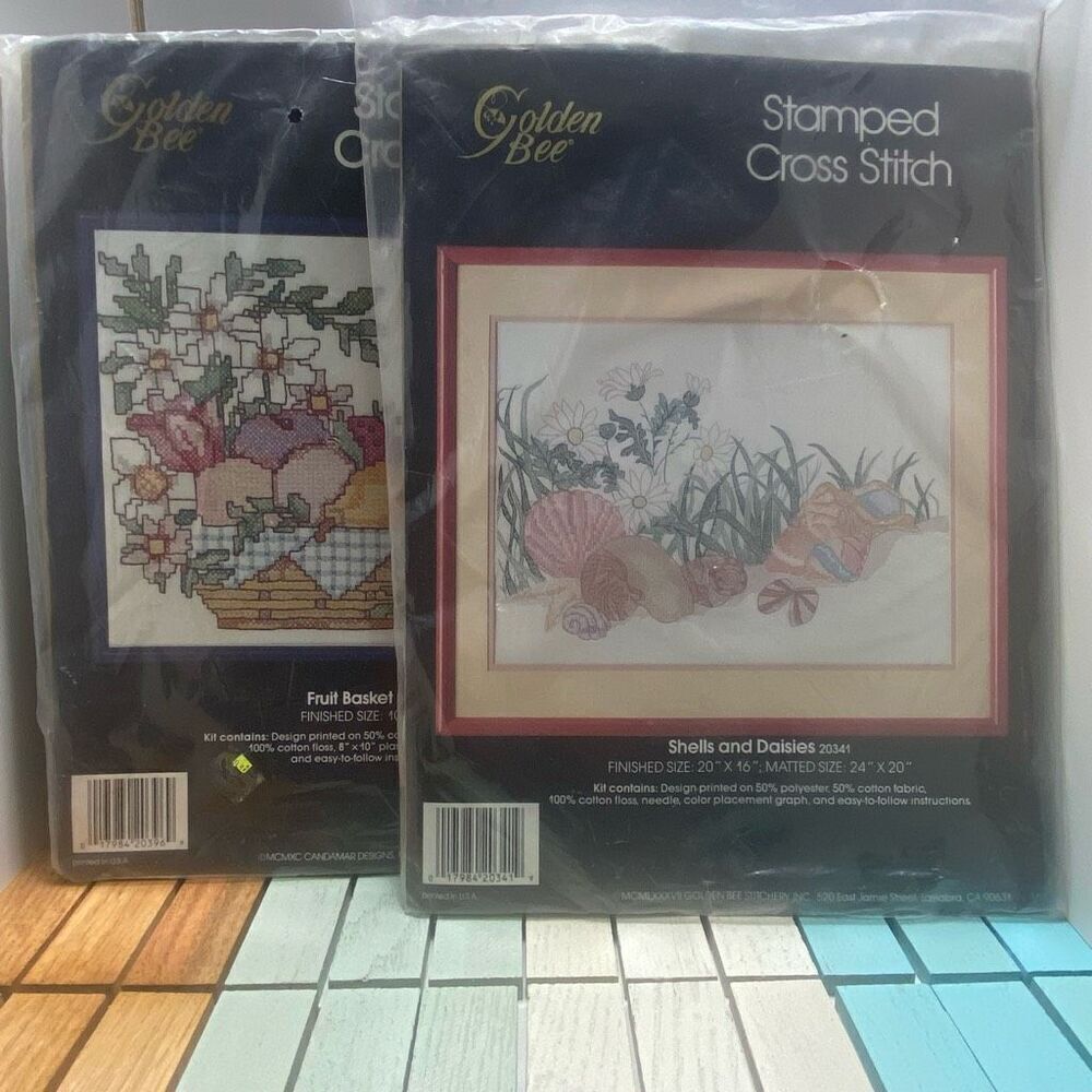 Golden Bee Stamped Cross Stitch Kits Fruit Basket & Shells Daisies Vintage Lot
